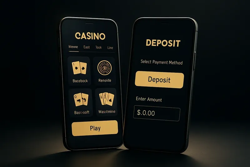 Two angled smartphones showing dark casino lobby and deposit screens