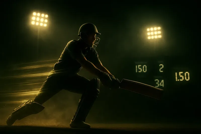 Cricket athlete in motion with neon speed trail in dramatic stadium