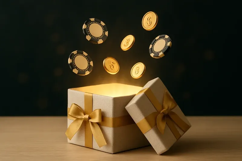 Premium gift box opening with gold light, casino chips and coins