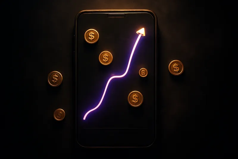 Mobile crash game interface with glowing graph and scattered coins