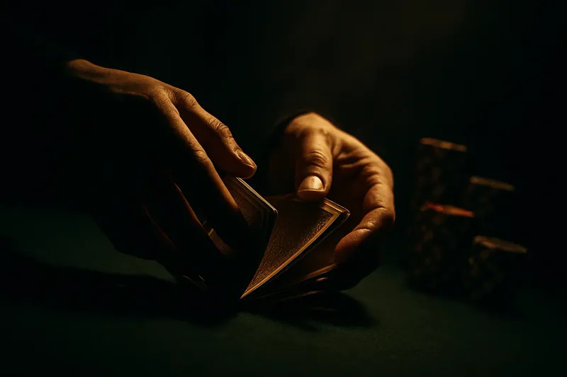 Close-up of dealer hands shuffling cards over green felt table